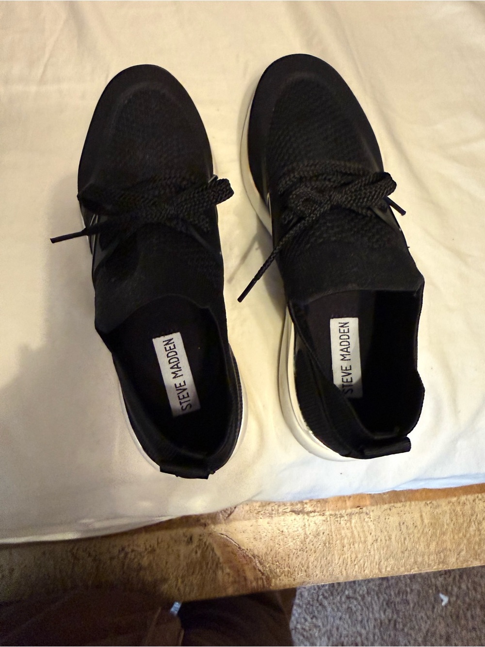 Steve Madden Black Knit Lace-Up Sneakers with White Sole Accent